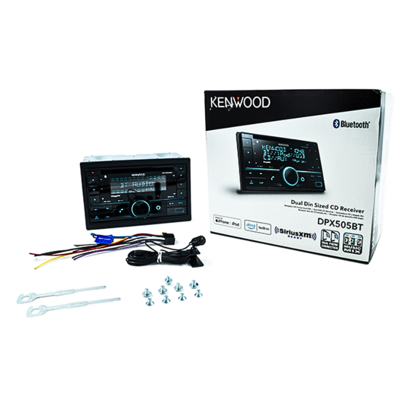 Overhead shot of Kenwood DPX505BT including packaging contents.