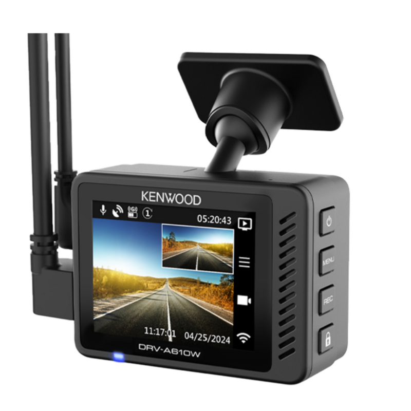 Rear angled view of dash cam mounted on windshield with visible wiring and screen display.