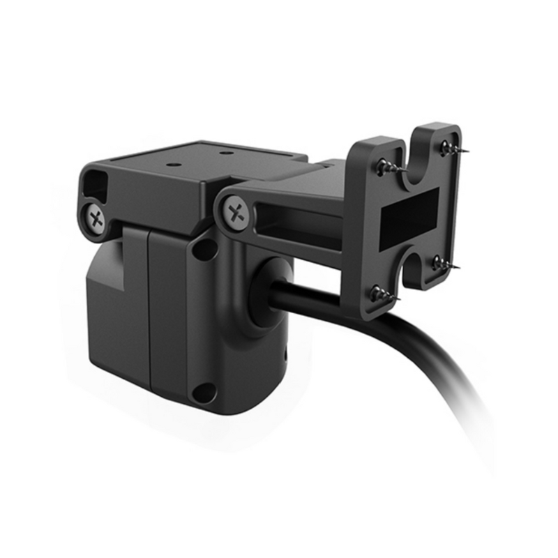 Rear angled shot of mounting hardware with dash cam in position on adhesive base.