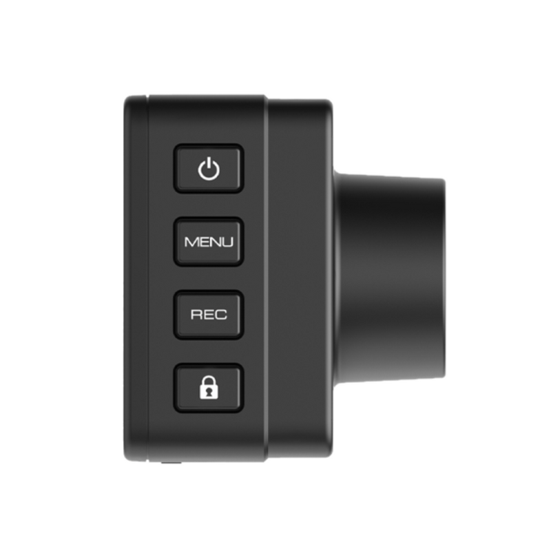 Right side profile of dash cam showing compact width and mount connection point.