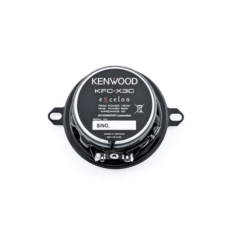 Backside view of KFC-X3C speakers showing magnet structure and part number labeling.