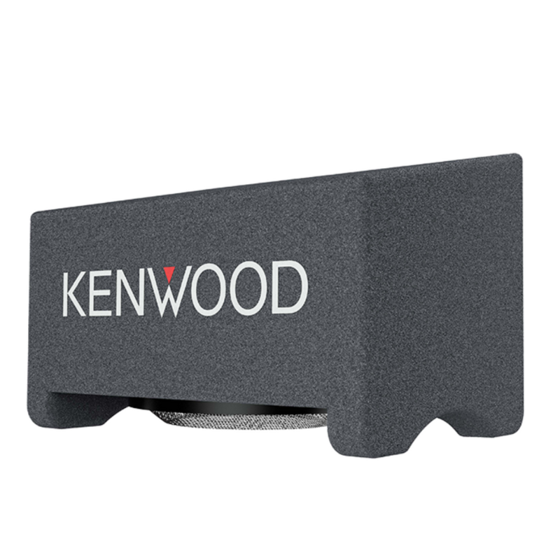 Bottom-down view of Kenwood subwoofer enclosure highlighting sturdy base and port alignment.