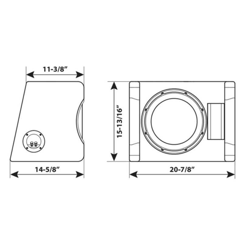 Dimensional overlay of Kenwood sub box with width, height, and depth measurements in inches.