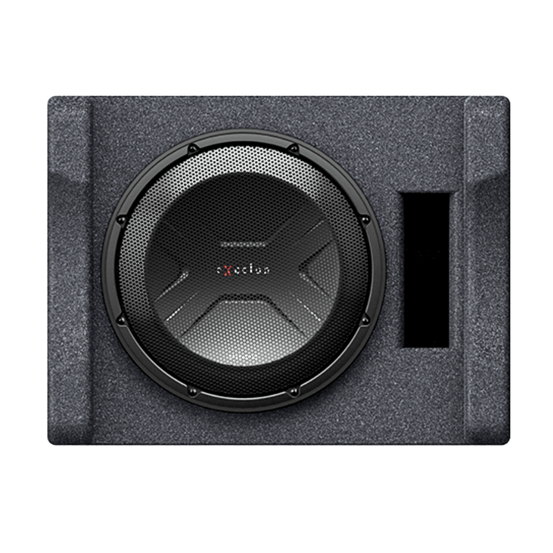 Front view of Kenwood P-XW1241S subwoofer enclosure showing mesh grille and clean ported design.
