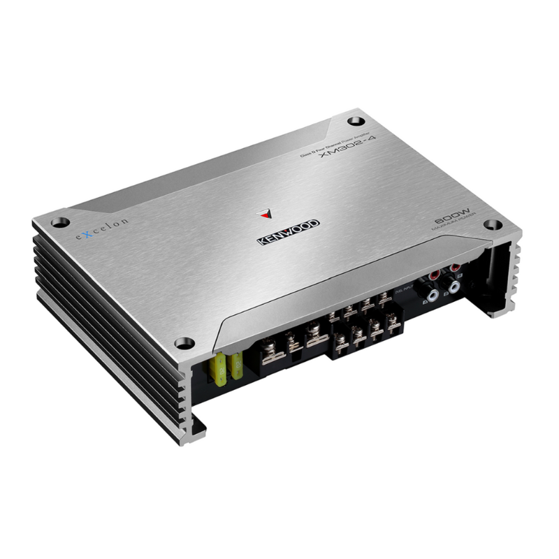 Angled perspective of XM302-4 amplifier highlighting rugged aluminum housing.