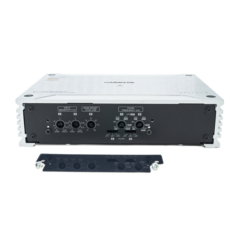 Side view of XM302-4 with panel open, revealing adjustable high-pass and low-pass filters.