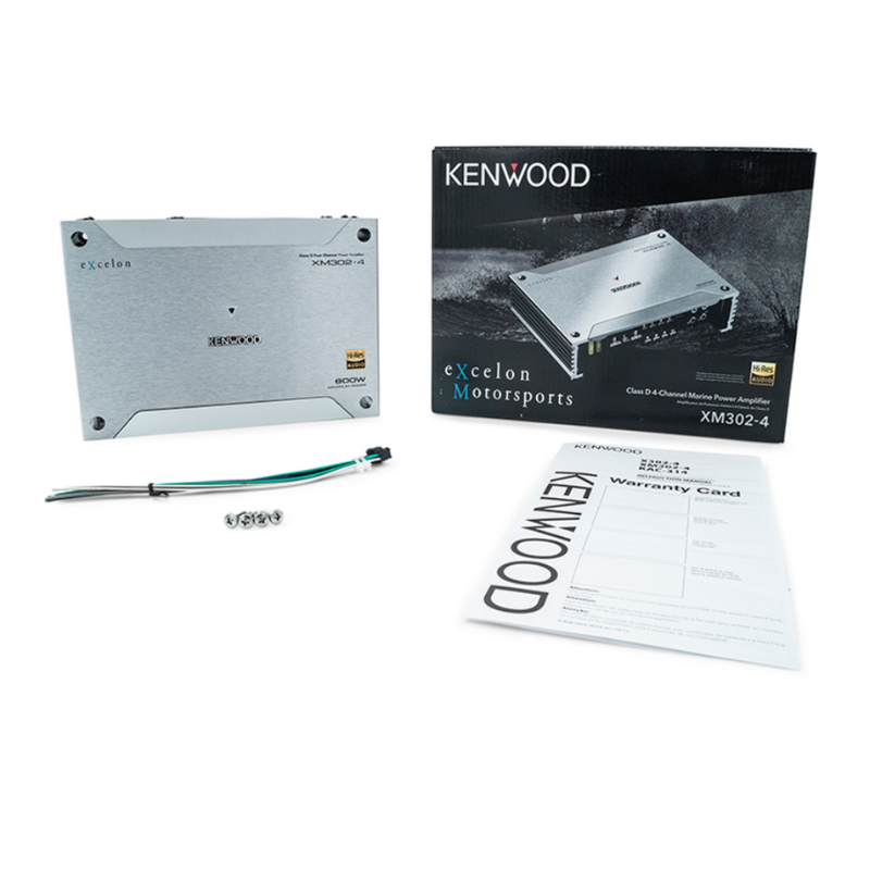 What's in the box for Kenwood XM302-4 including amplifier, manual, mounting hardware, and terminal covers.