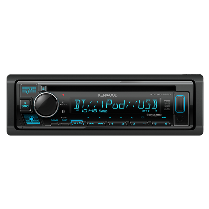 Front view of Kenwood KDC-BT382U CD Receiver with illuminated display.