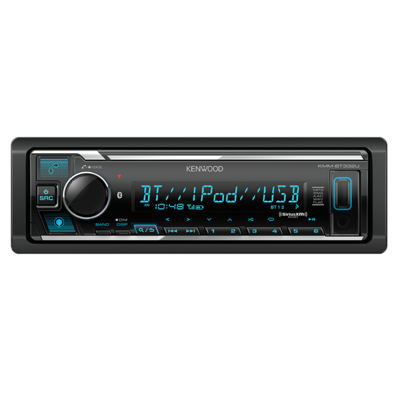 Front view of Kenwood KMM-BT332U Digital Media Receiver with illuminated display.