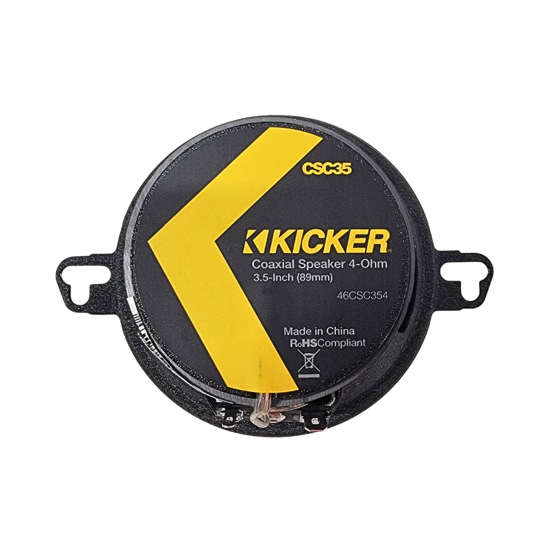 Kicker CSC35 coaxial speaker showcasing magnet and back side design.
