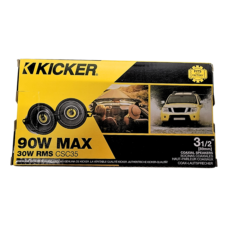 Kicker CSC35 3.5" coaxial speaker box with equipment shown.