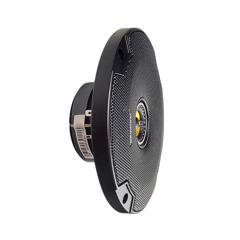 Angled left view of Kicker CSC65 coaxial speakers with grille.