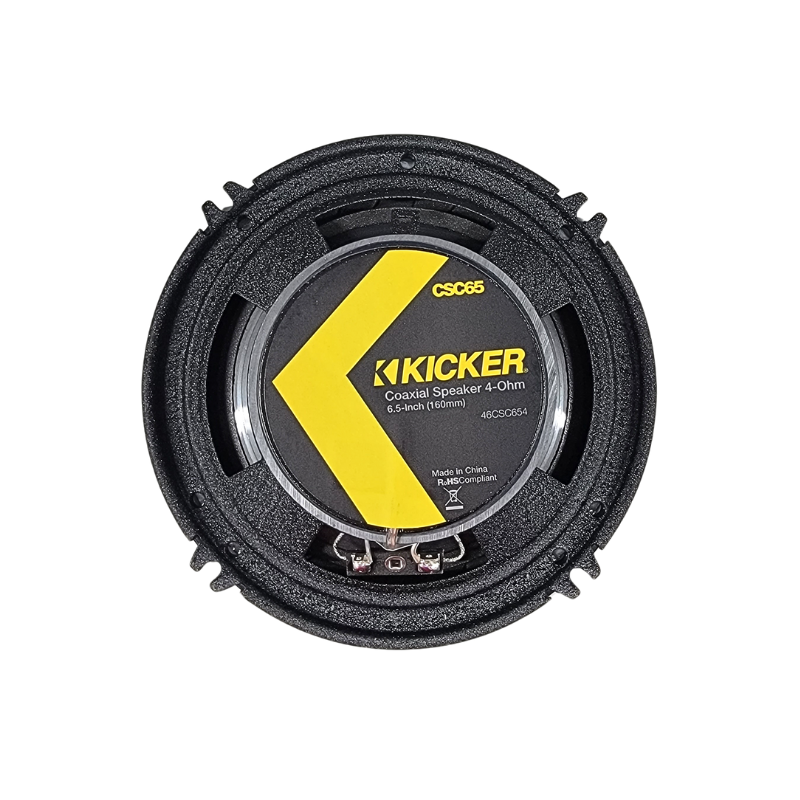 Back side of Kicker CSC65 coaxial speaker showing terminals.