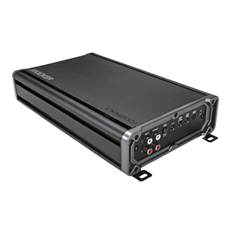 Kicker CXA12001 high-power mono car audio subwoofer amp with controls.