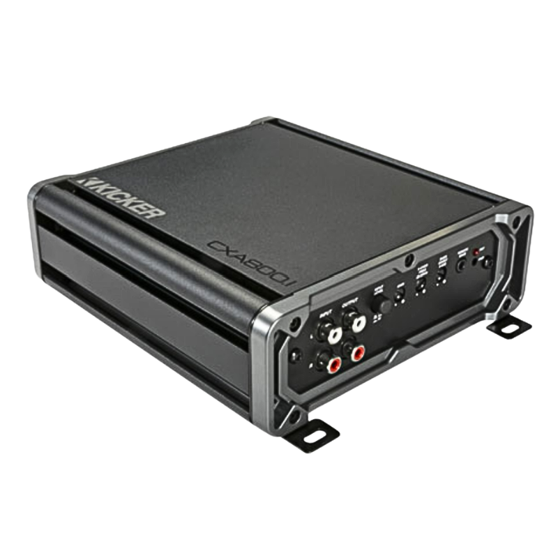 Side view of Kicker CXA800.1 Class-D bass amp.