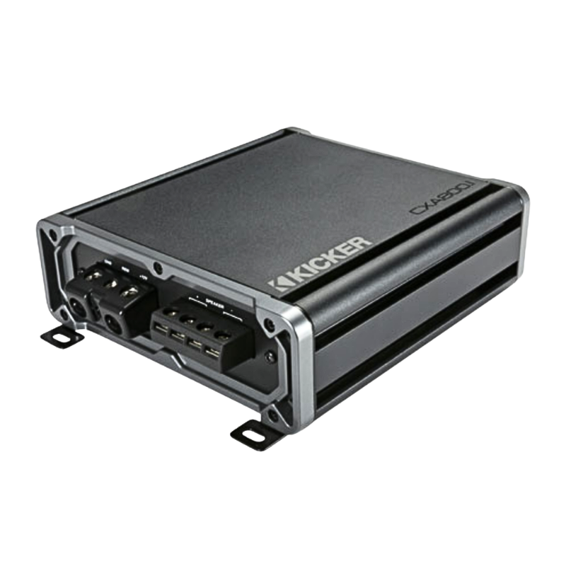 Compact Kicker CXA800.1 mono amp with RCA inputs visible.