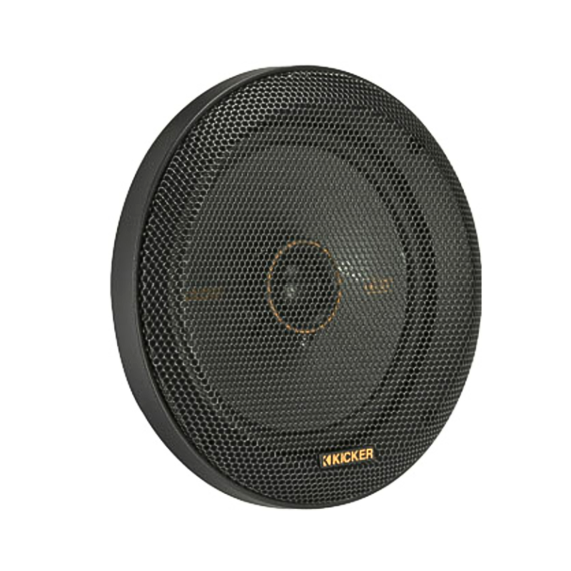 Angled left view of Kicker KSC650 speakers with grille.