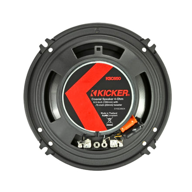Backside of Kicker KSC650 speaker showing terminals and magnet.