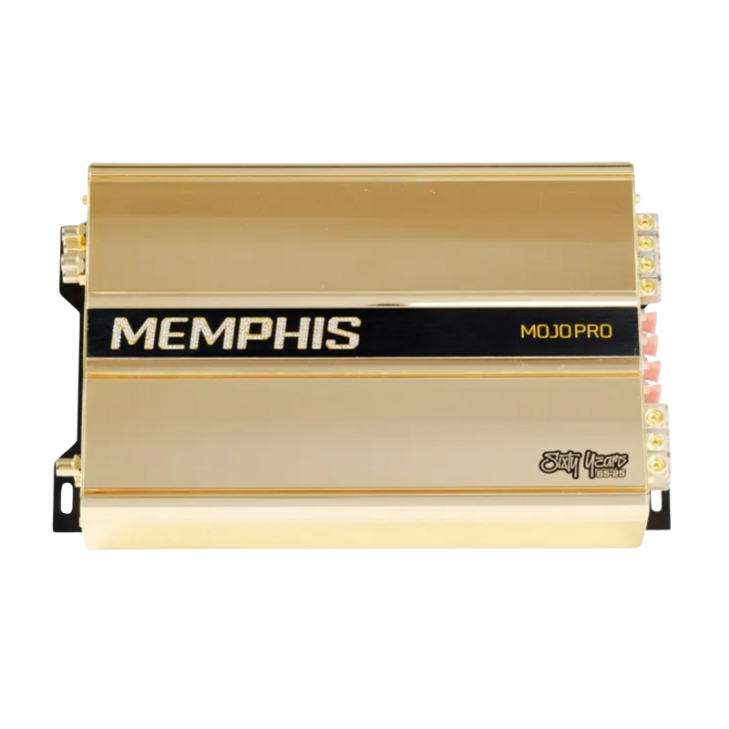 Top-down flat view of the Memphis MOJO Pro mono amplifier displaying compact footprint and vibrant orange trim.