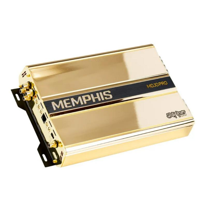 Angled front view of the MOJO Pro 1500.1 amplifier showcasing aluminum chassis and diamond-studded logo.