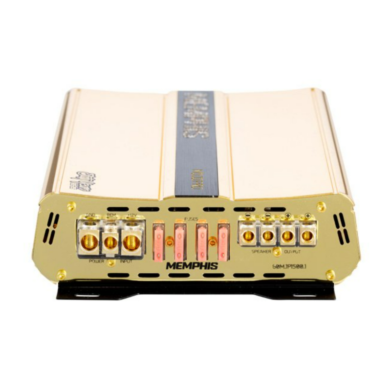 Side view of amplifier showing RCA inputs, gain controls, and EQ boost knob on the 60MJP1500.1.