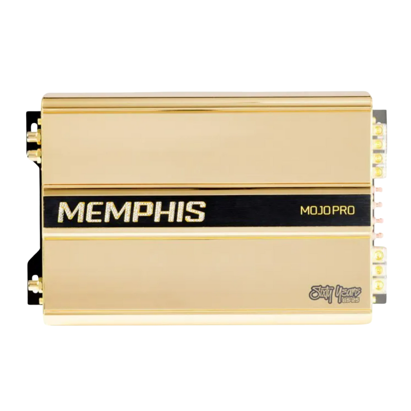 Front-facing view of the Memphis 60MJP1500.1 MOJO Pro mono amplifier with gold accents and 60th Anniversary branding.