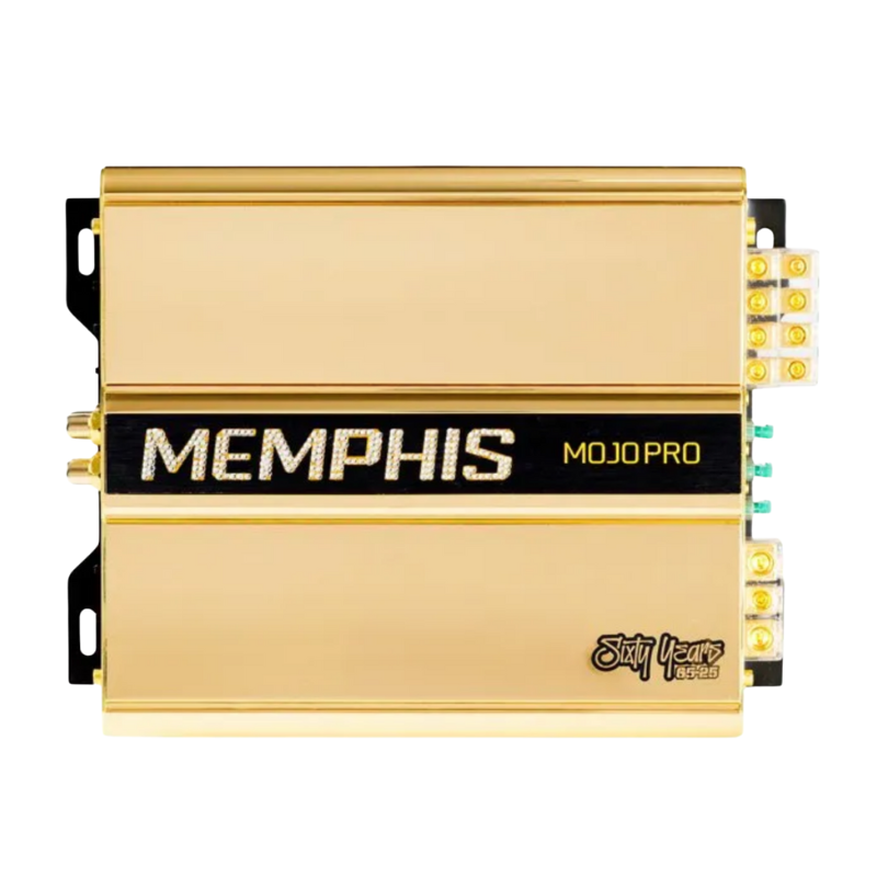 Front-facing view of the Memphis 60MJP800.4 MOJO Pro amplifier with orange accent stripe and diamond-studded logo.