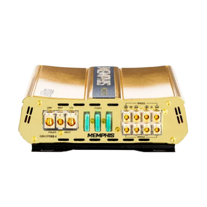 Close-up image of the Memphis amplifier’s power input terminals, fuses, and bridged output connections.