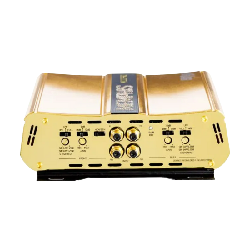 Side view of the Memphis 60MJP800.4 showing RCA inputs, gain knobs, EQ boost settings, and crossover controls.