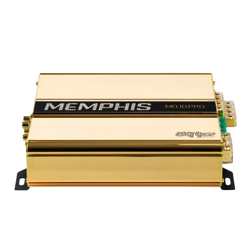 Angled front view of the Memphis MOJO Pro 4-channel amplifier showcasing aluminum chassis and 60th Anniversary branding.