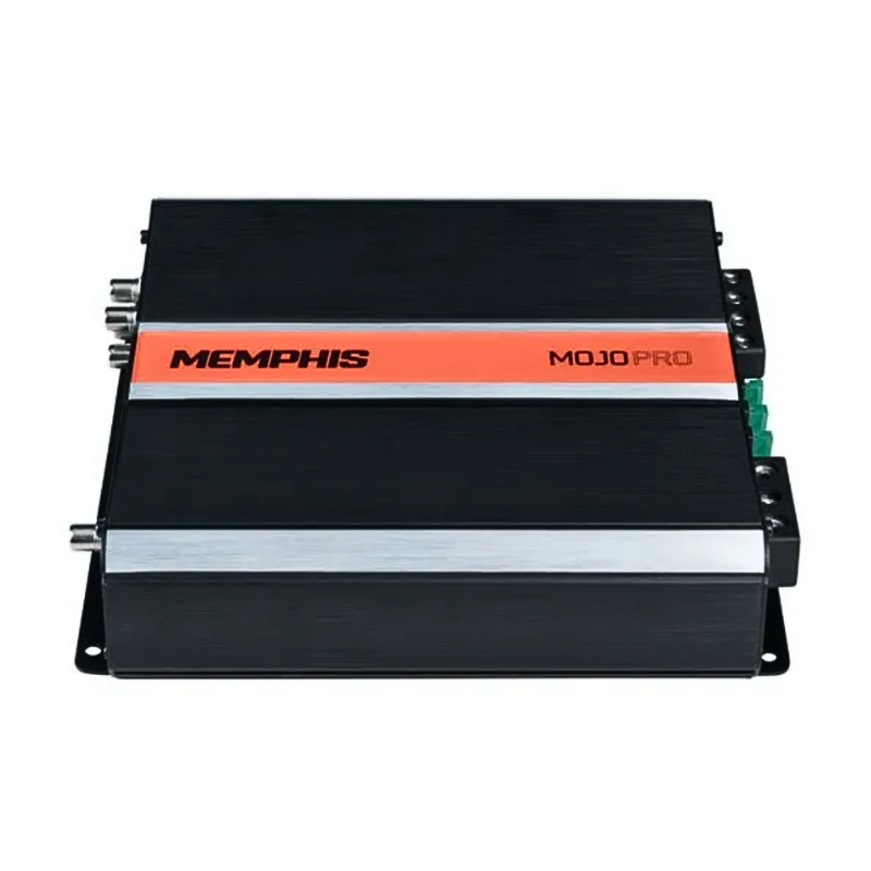 Memphis MJP750.1 MOJO Pro mono block amplifier angled front view showing compact design and heat dissipation fins.