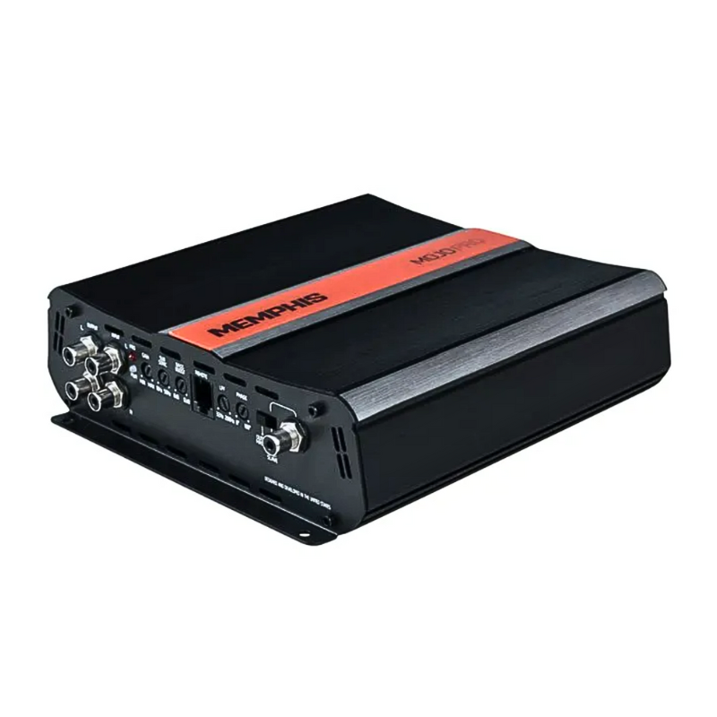 Memphis MJP750.1 left-side angled view highlighting RCA inputs, speaker terminals, and power connections.