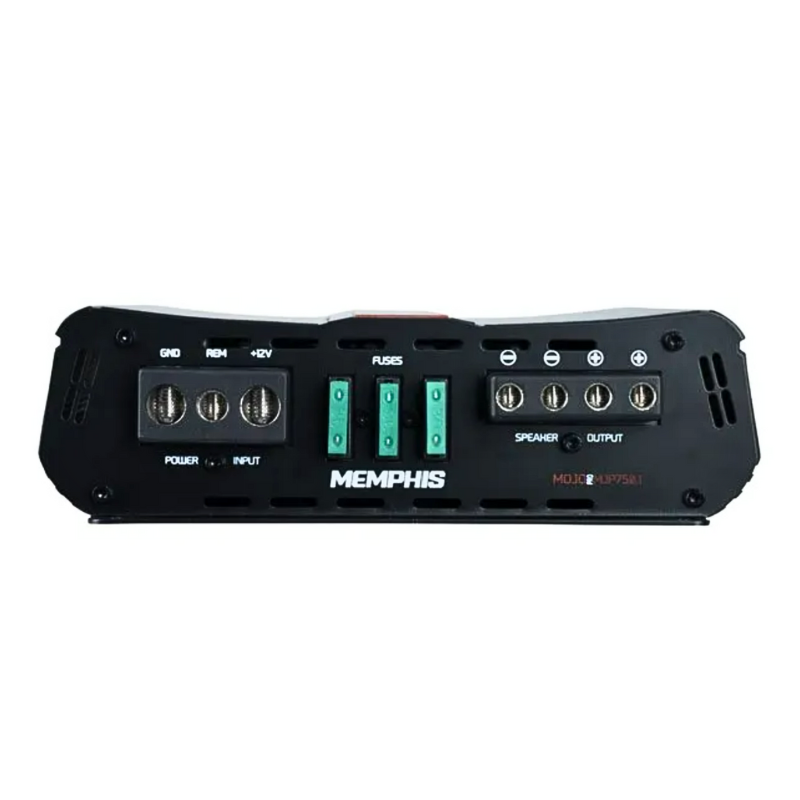 Memphis MJP750.1 right‑side angled view displaying fuse bank and speaker terminals.