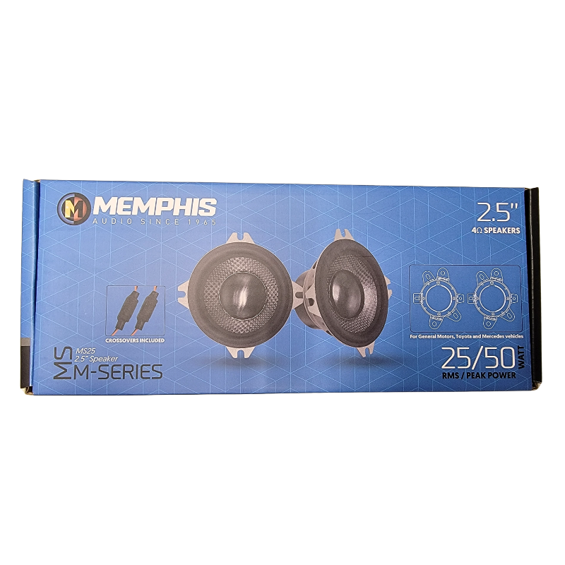 Memphis MS25 2.5-inch midrange speakers retail packaging with Memphis branding and product details.
