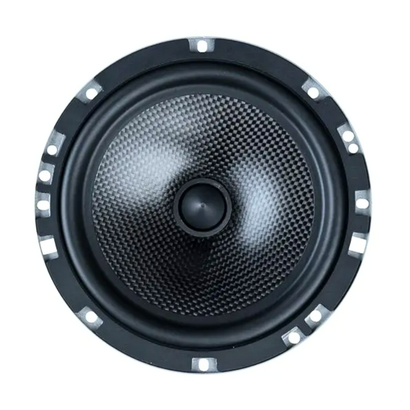 Memphis MS60MV 6.5-inch M-Series midrange speaker front view highlighting black phase plug dust cap and carbon fiber cone.