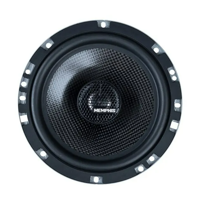 Memphis MS60V 6.5-inch M-Series convertible coaxial/component speaker front view without grille showing carbon fiber cone and aluminum tweeter.