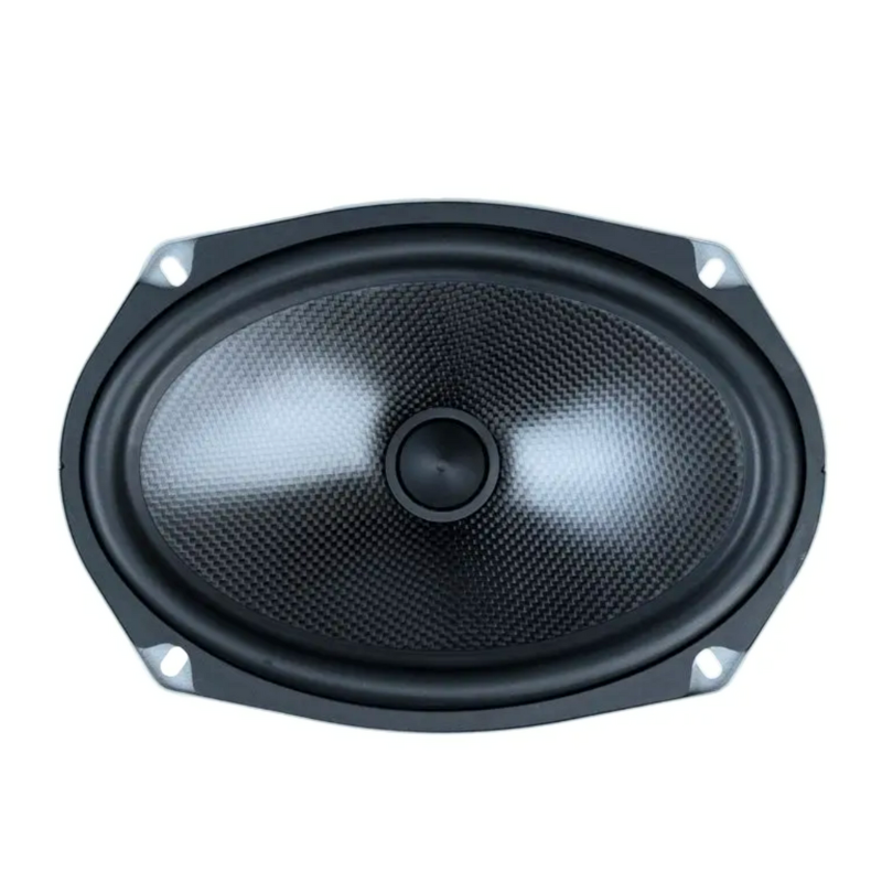 Memphis MS69MV 6×9-inch M-Series midrange speaker front view showing carbon fiber cone and black phase plug dust cap.