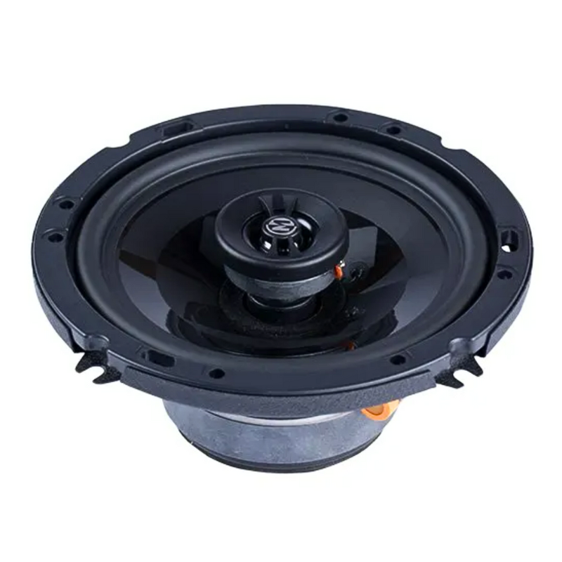 Memphis PRX602 6.5-inch coaxial speaker angled top view without grille displaying cone and surround.