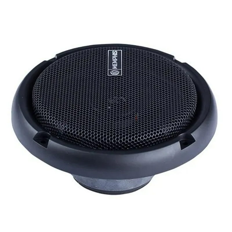 Memphis PRX602 6.5-inch coaxial speaker angled view with grille attached.