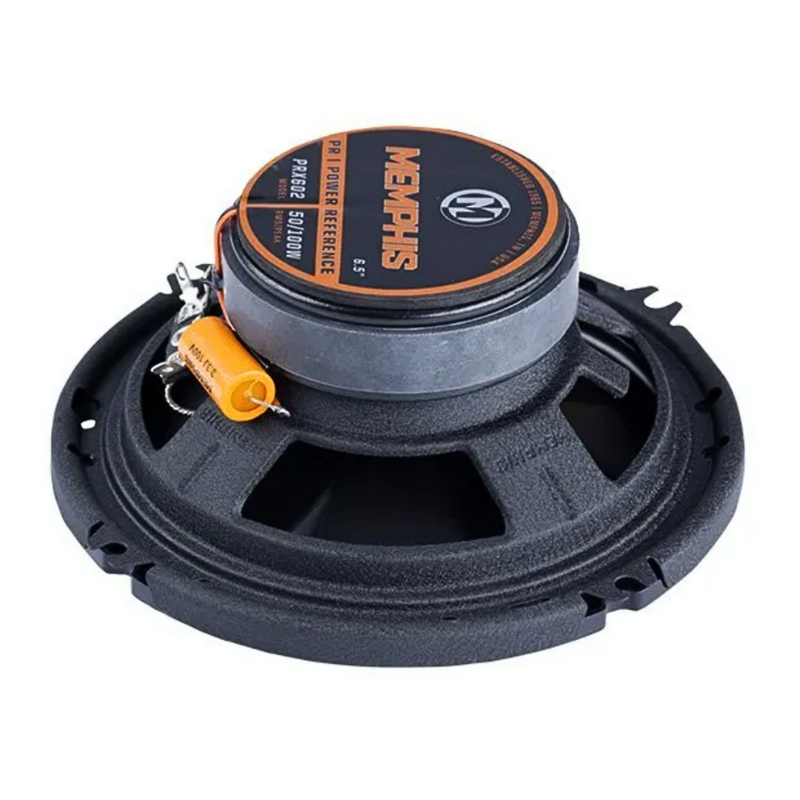 Memphis PRX602 6.5-inch coaxial speaker rear view showing magnet and terminals.