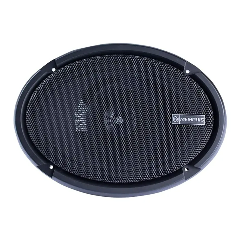 Memphis PRX6902 6×9-inch coaxial speaker front view with protective grille installed.