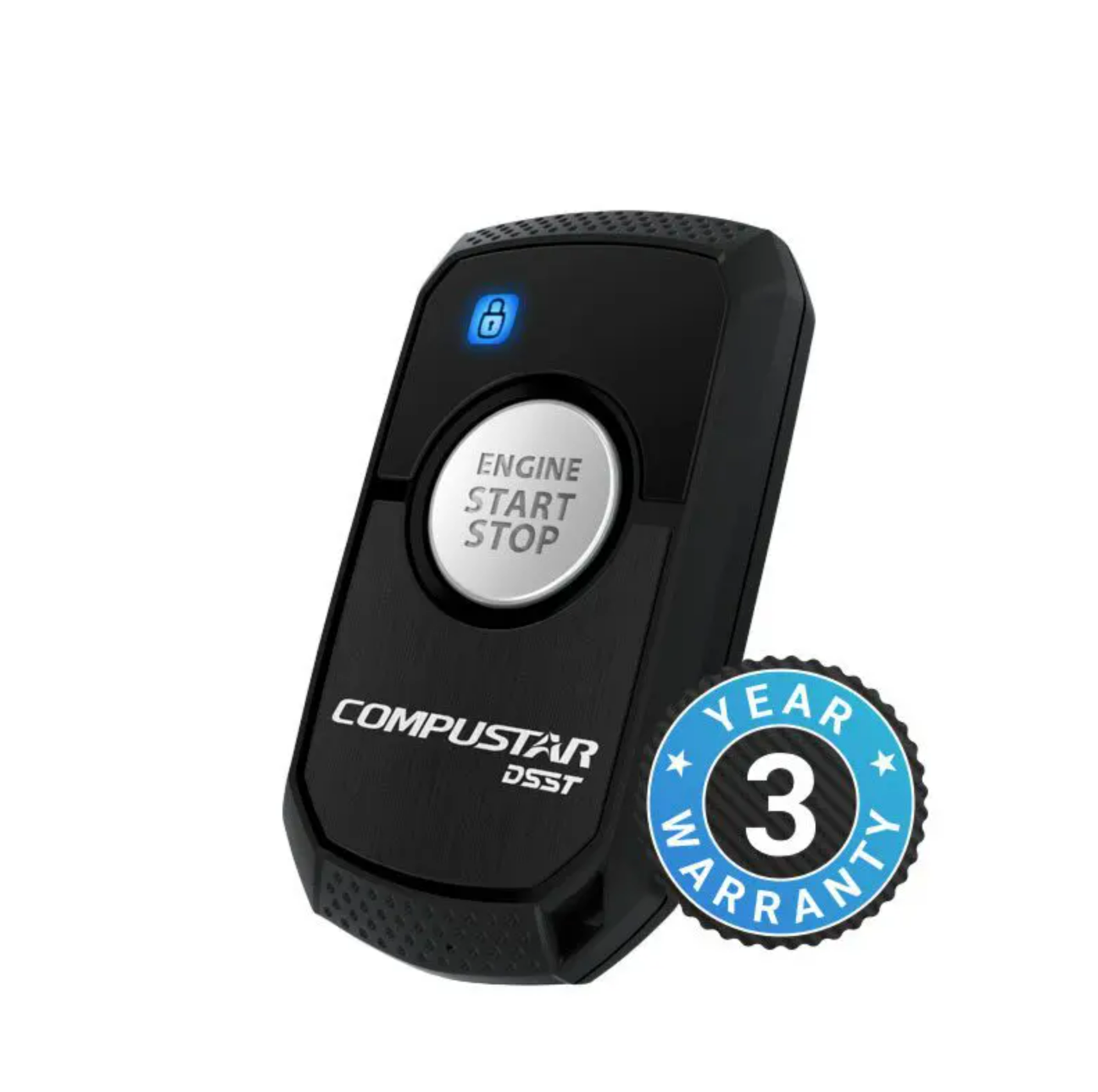 Compustar PRO 2WR3 key fob featuring a badge indicating a 3-year manufacturer warranty.