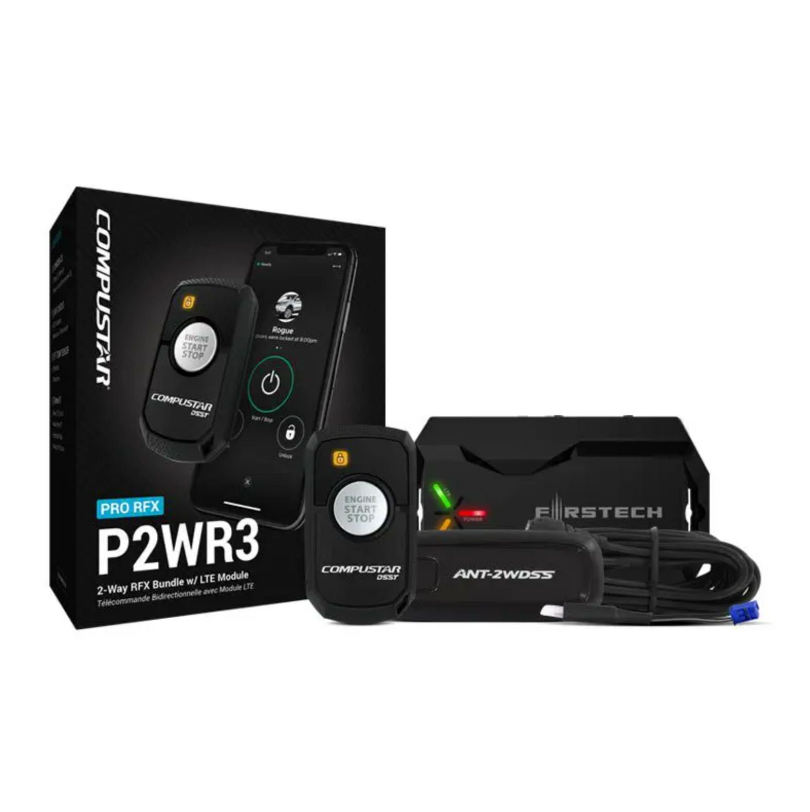 Complete Compustar PRO 2WR3 remote start kit including fobs, LTE module, control unit, and all components.