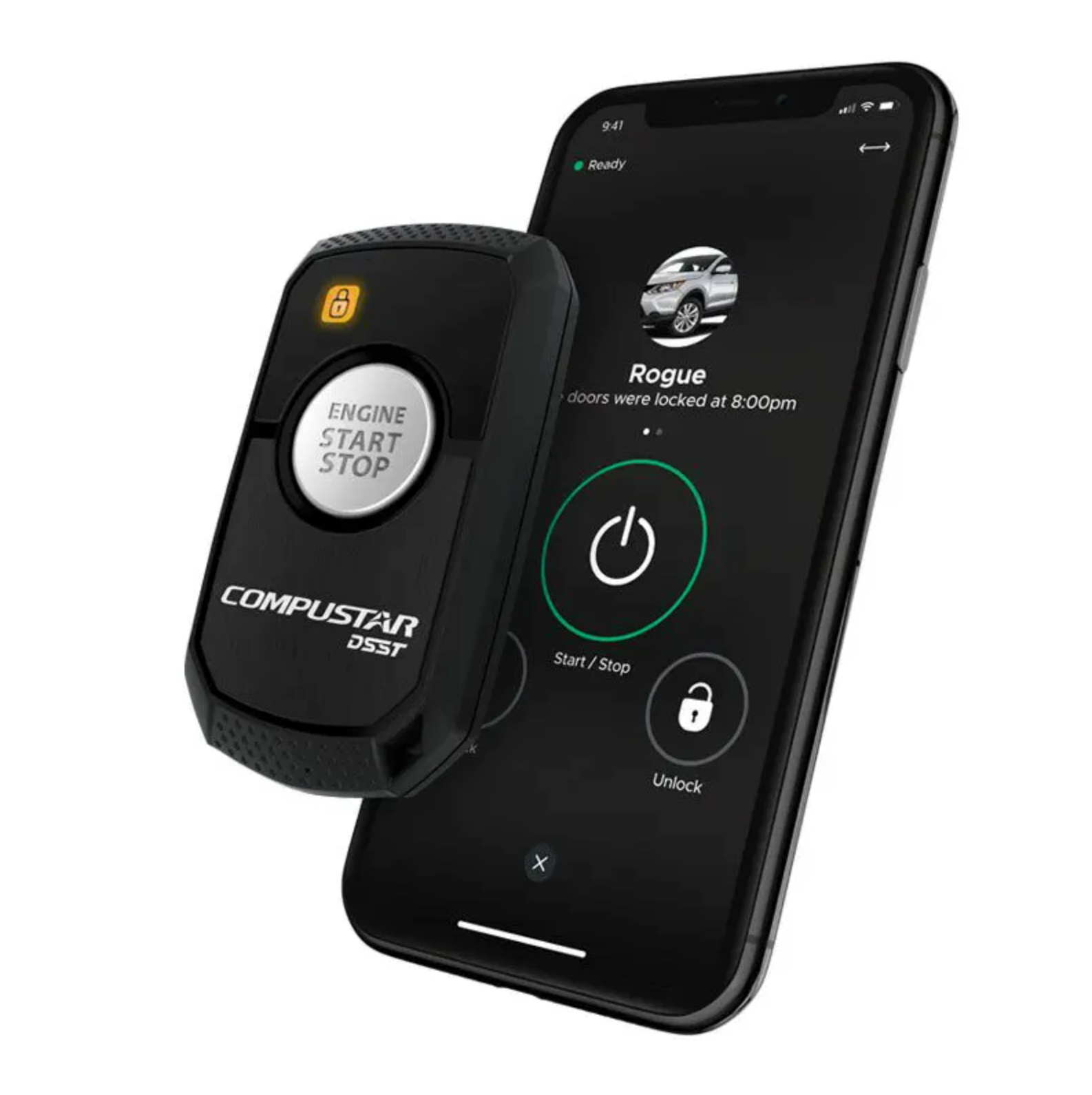 Compustar PRO 2WR3 remote start key fob paired with smartphone for app-based vehicle control. 