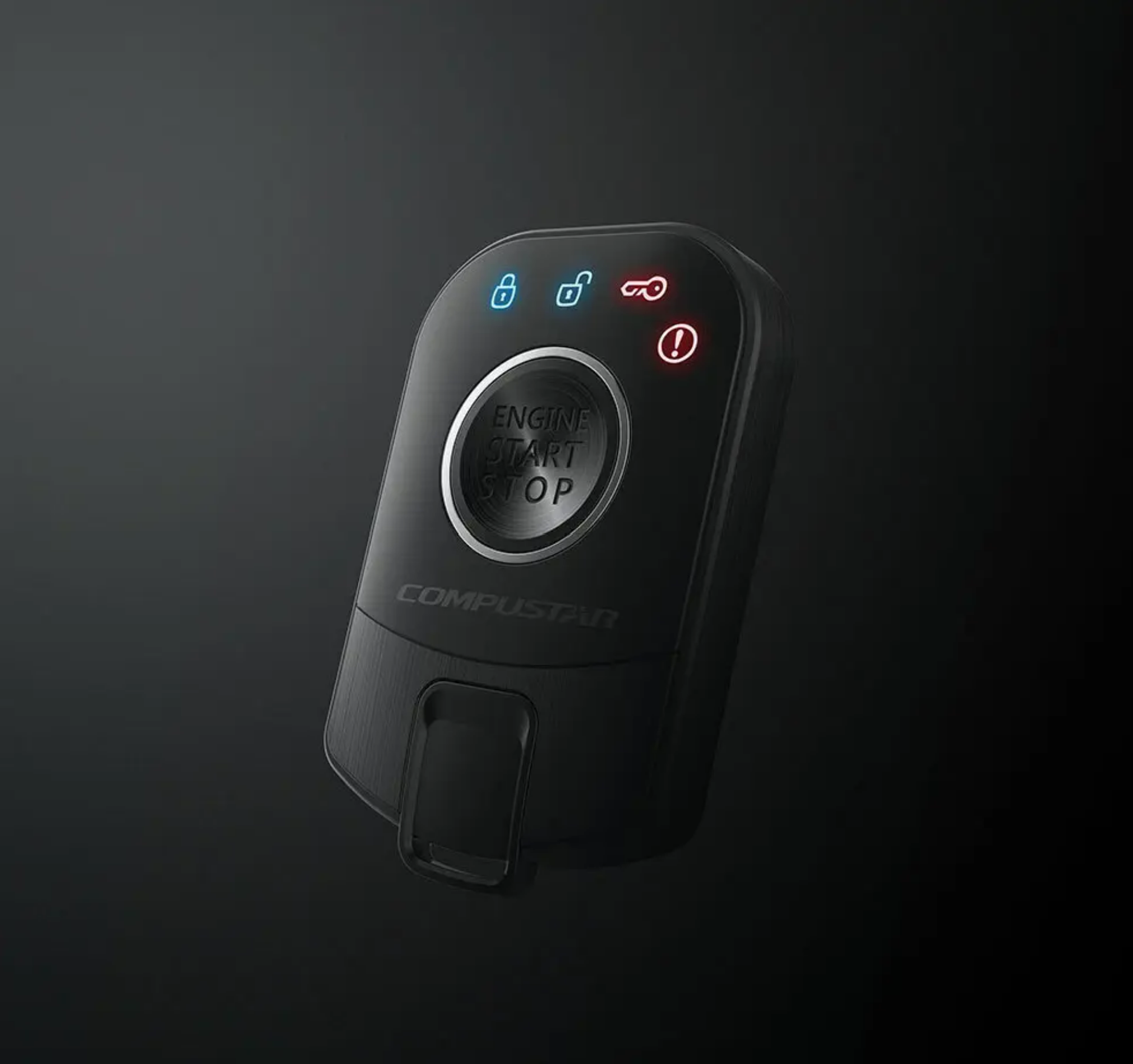 Compustar Pro R5 remote start key fob angled to display its illuminated digital screen.