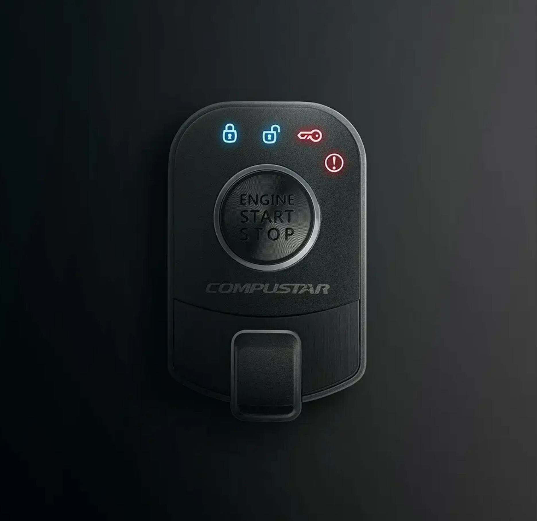 Front-facing view of the Compustar Pro R5 remote start fob featuring a clear digital display.