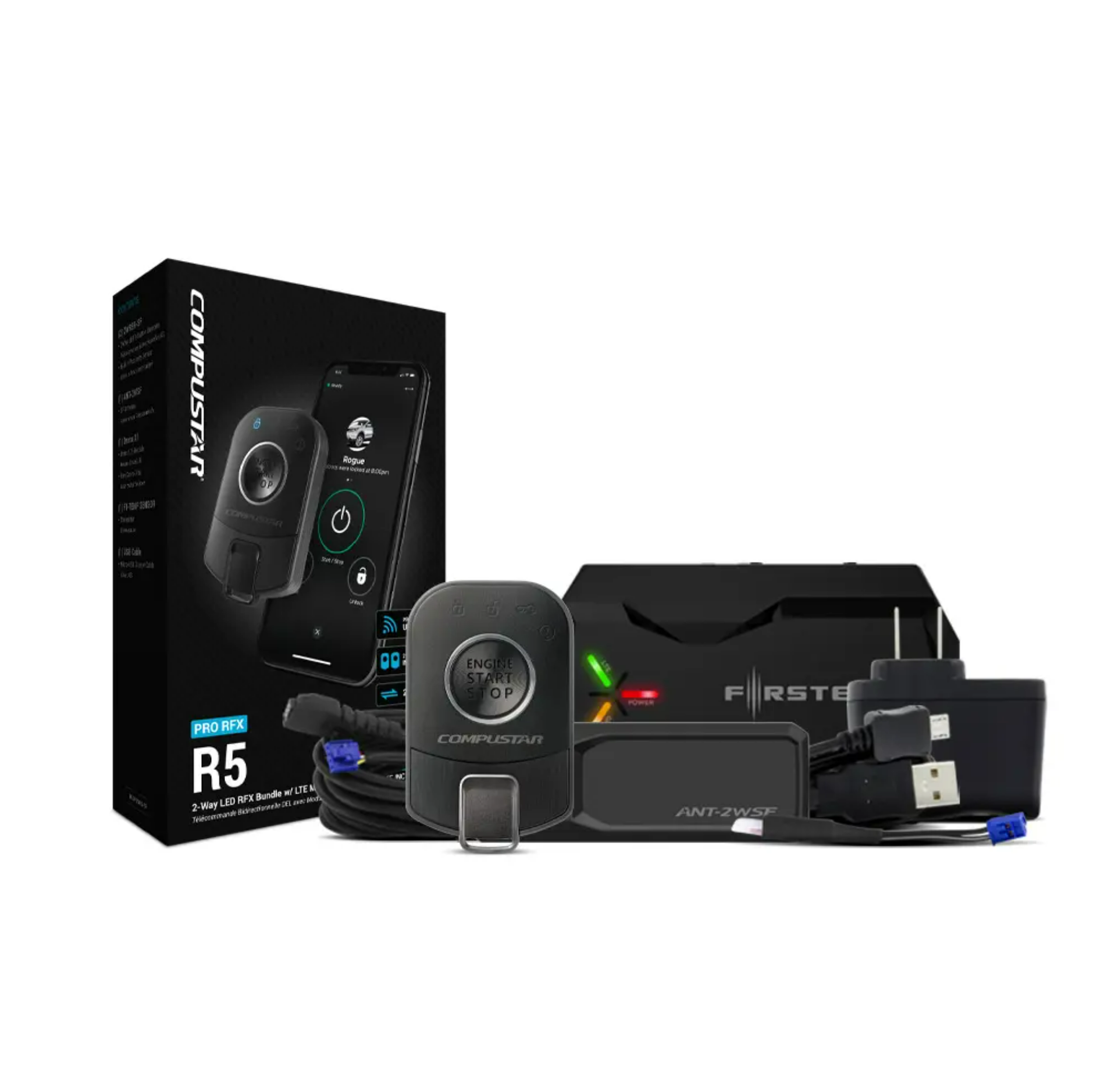 Complete Compustar Pro R5 2-Way RFX Bundle with LTE Module including fobs, control module, and accessories.