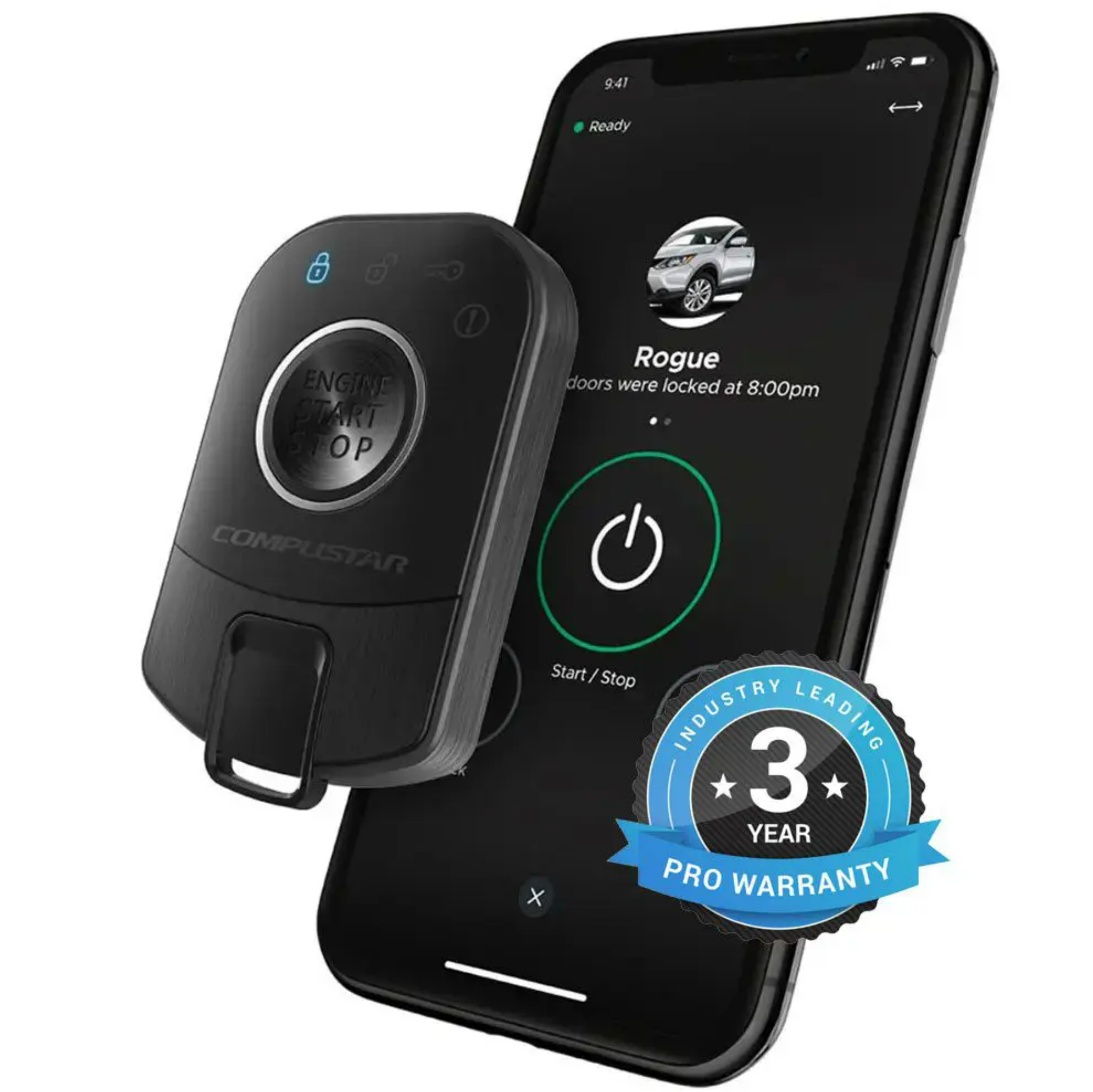 Compustar Pro R5 remote start key fob showing smartphone connectivity and vehicle control features.