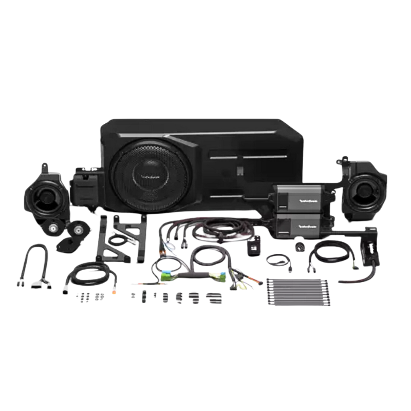 Experience high-performance sound in your Jeep Wrangler with the Rockford Fosgate Stage 3 audio system, featuring a 12" subwoofer, amplifiers, and custom tuning.