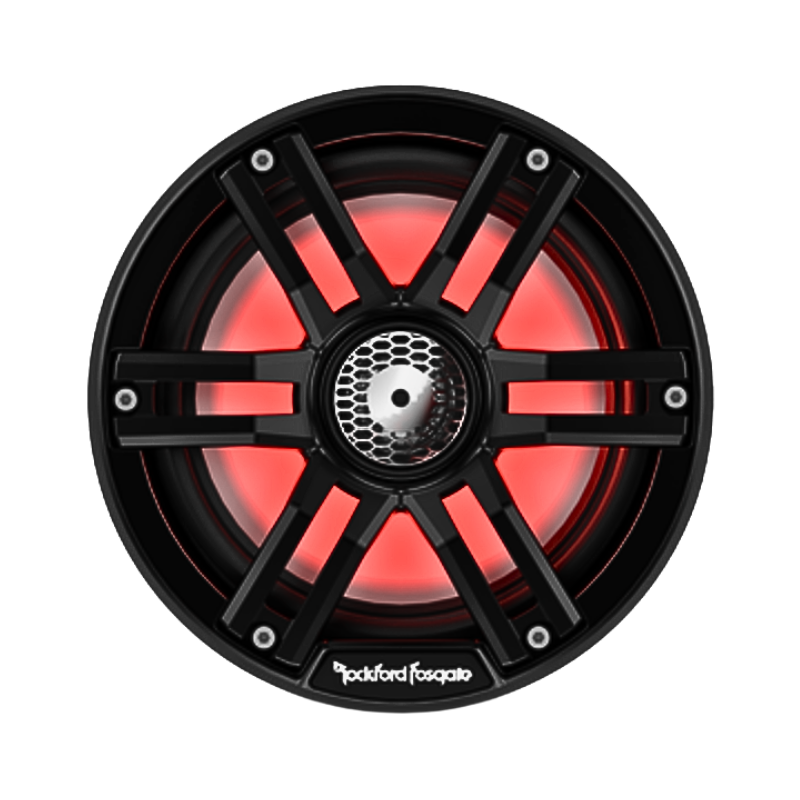 Front view of Rockford Fosgate M2-65B black 6.5″ Color Optix marine speakers.